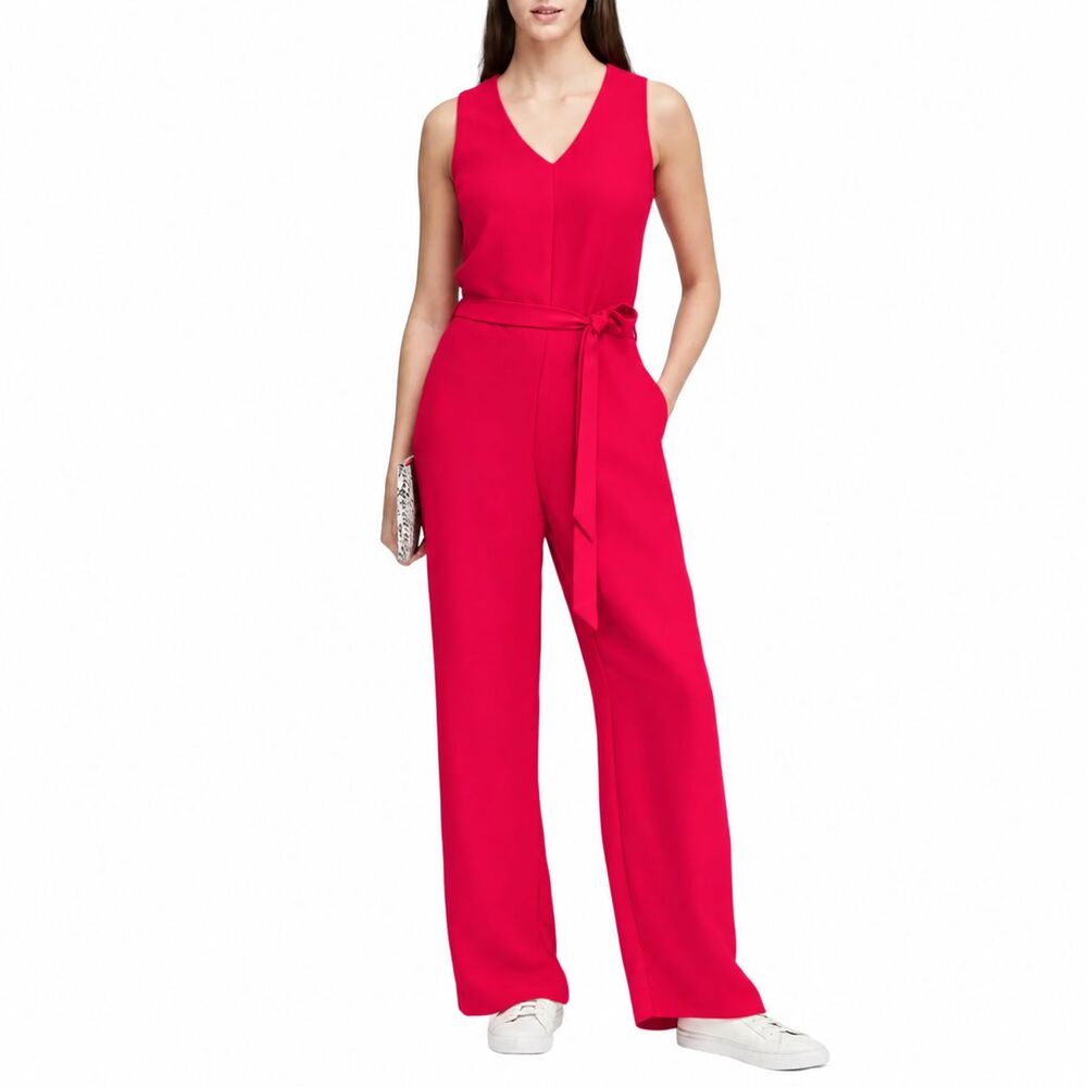 Banana Republic Wide-Leg Jumpsuit Rich Red Size 2 Belted Sleeveless V-Neck